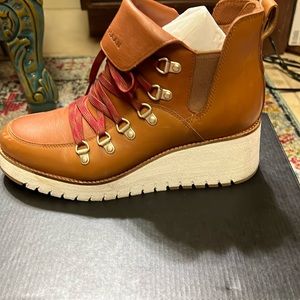 Cole Haan- ZEROGRAND waterproof wedge boot. acorn leather/ red laces-